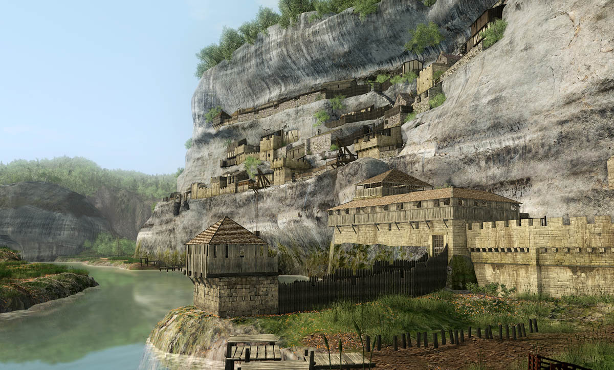 La Roque Saint-Christophe, vallée Vézère, Vue du film 3D. La forteresse, début du Moyen Age.