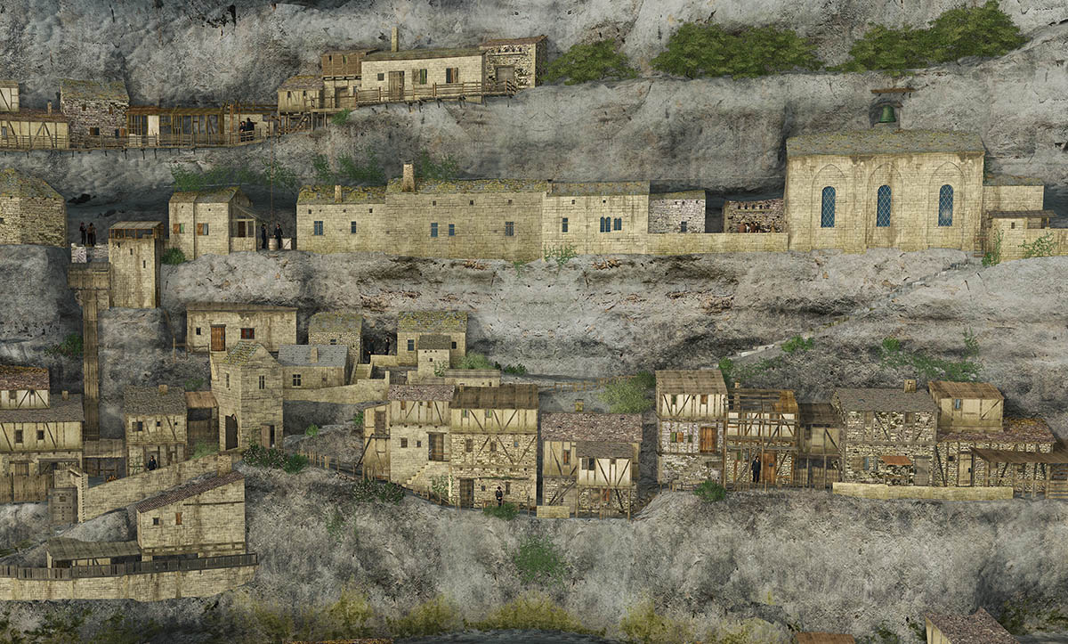 © LogiCom-Media. La Roque Saint-Christophe, vallée de la Vézère. Vue 3D. La Cité, fin Moyen Age.