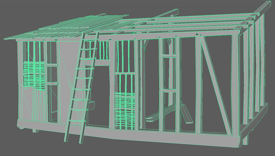 Modélisation 3D d'un bâti bois-torchis du Moyen Age.